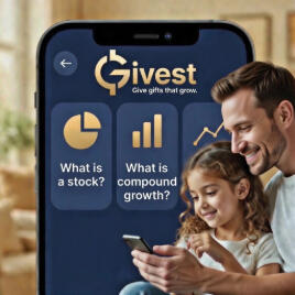 A father and young daughter smiling while looking at the Givest app on a smartphone, representing the shared experience of learning about stock investing and financial literacy.