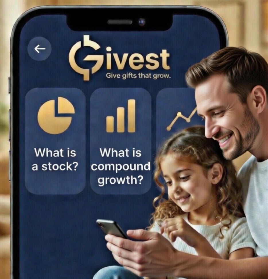 A father and young daughter smiling while looking at the Givest app on a smartphone, representing the shared experience of learning about stock investing and financial literacy.