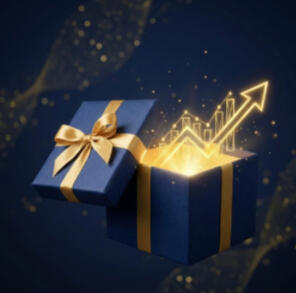 A blue and gold gift box opening to reveal a glowing financial growth chart, representing a stock gift that increases in value.