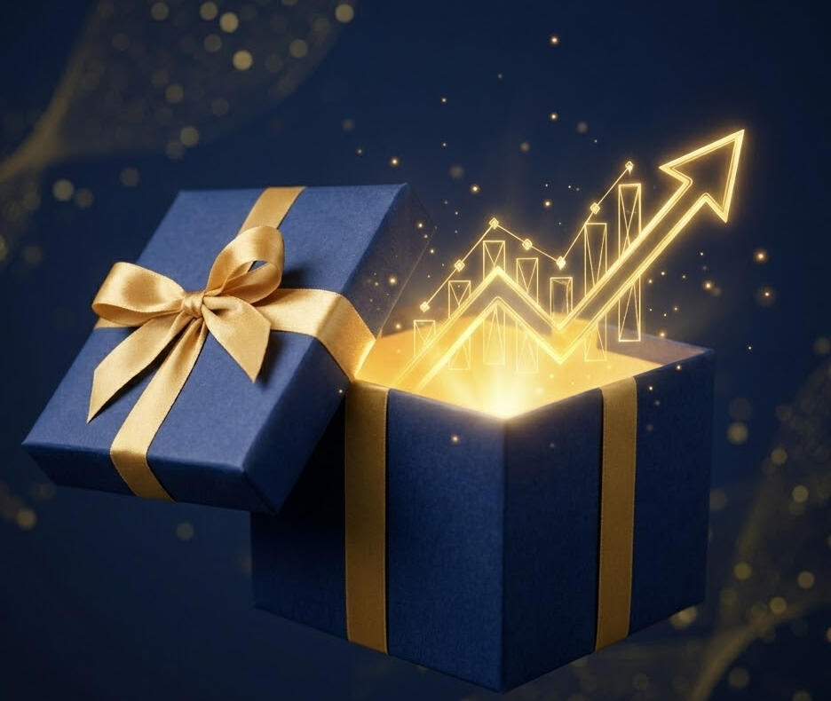 A blue and gold gift box opening to reveal a glowing financial growth chart, representing a stock gift that increases in value.