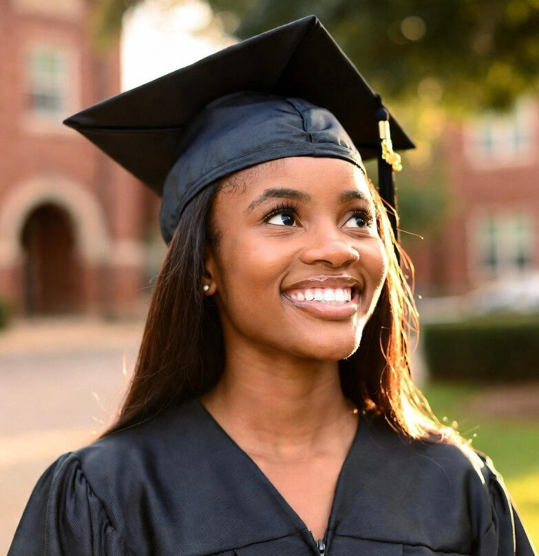 A woman is smiling while wearing her cap and gown, representing Givest as a meaningful alternative to cash for graduation gifts.
